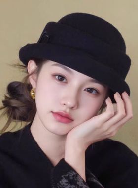 韩版时尚名媛千金风礼帽女冬季保暖羊毛呢盆帽百搭气质系带渔夫帽