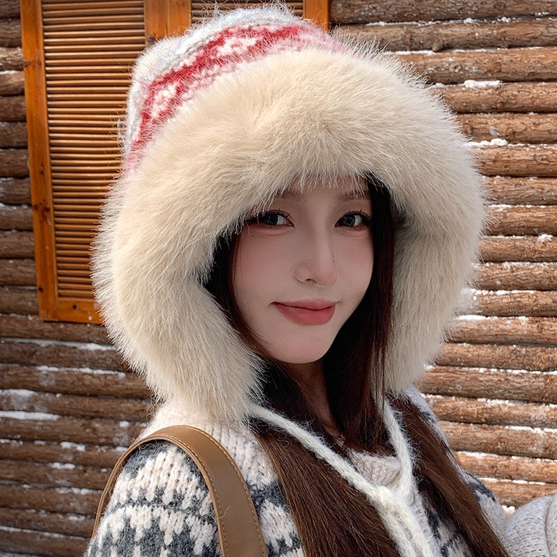 冬季加绒护耳毛线帽女显脸小