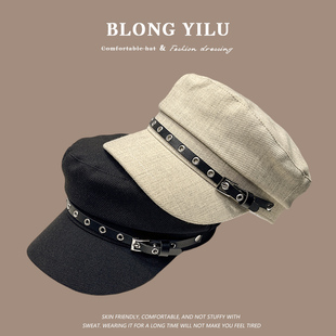 英伦复古平顶帽子女款春秋季韩版街头潮流金属扣鸭舌帽复古报童帽