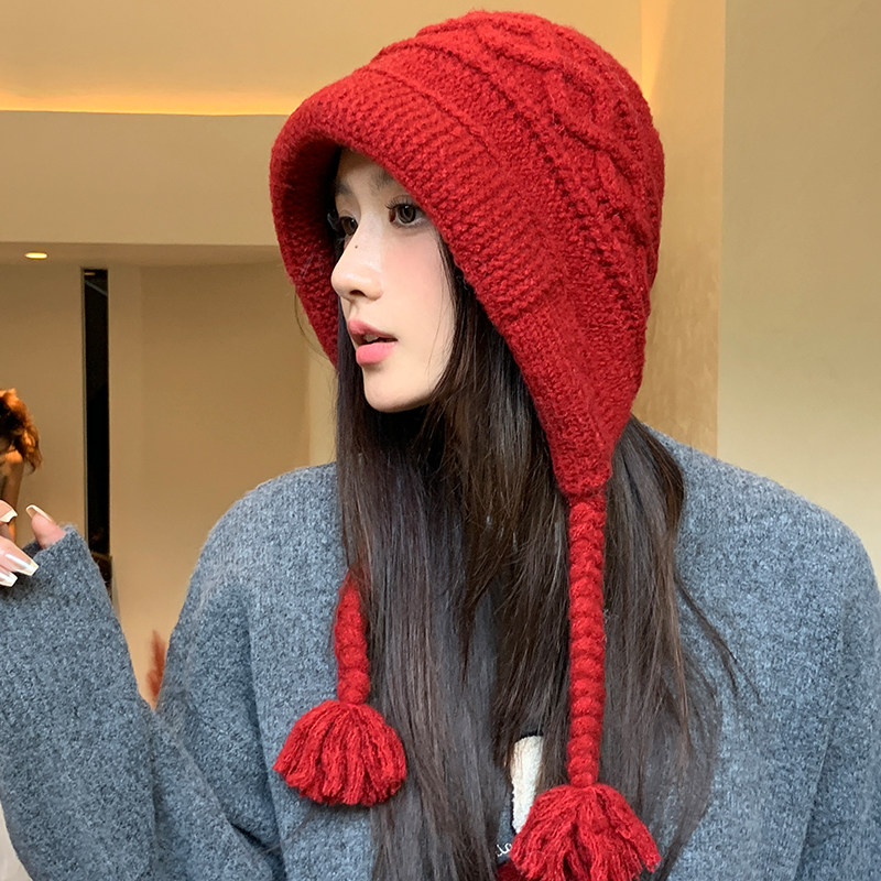 2025新款红色针织毛线帽女冬季保暖护耳帽显脸小流苏帽子女款加厚