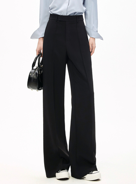 小个子高级感西装面料高腰直筒宽松垂感阔腿裤女职场通勤黑色长裤