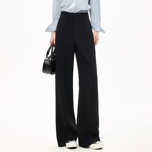 小个子高级感西装面料高腰直筒宽松垂感阔腿裤女职场通勤黑色长裤