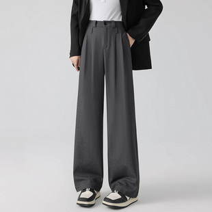 小个子TR面料西装裤女双褶高腰垂感宽松显瘦松紧高级感直筒阔腿裤