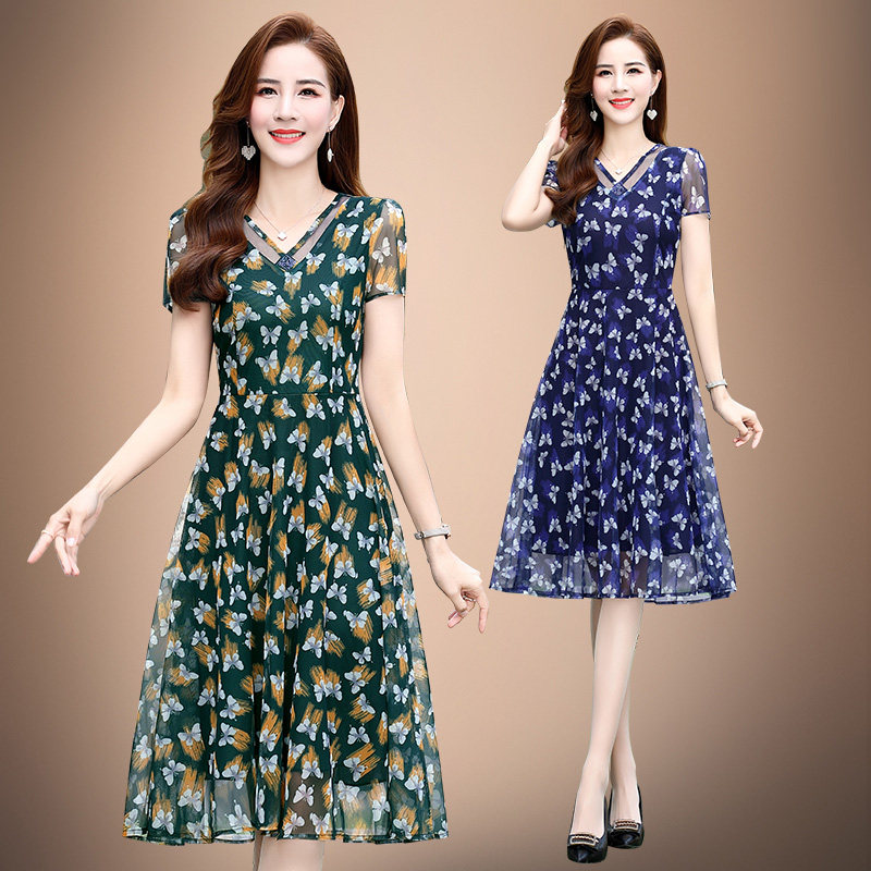 华哥弟情新款2022夏季桑蚕丝连衣裙女中长款显瘦妈妈碎花真丝裙子