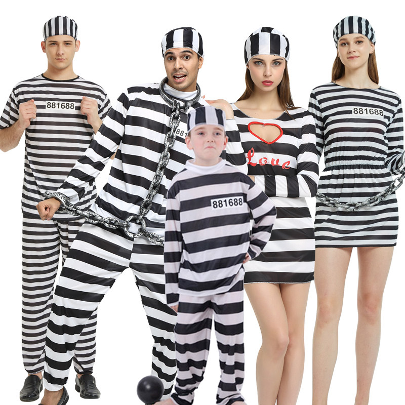 万圣节成人条子与囚犯衣服囚人服装女囚衣服男囚服警察男囚犯派对 - 实物图