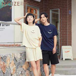 简诗哲夏季圆领套头女针织睡衣情侣短袖短裤笑脸男可外穿家居服