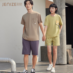 简诗哲夏季情侣珠地布圆领短袖五分裤男睡衣女休闲可外穿家居服