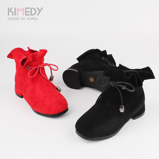 特价女童短靴冬季加绒软底防滑绒面红色公主小高跟棉靴儿童棉皮鞋