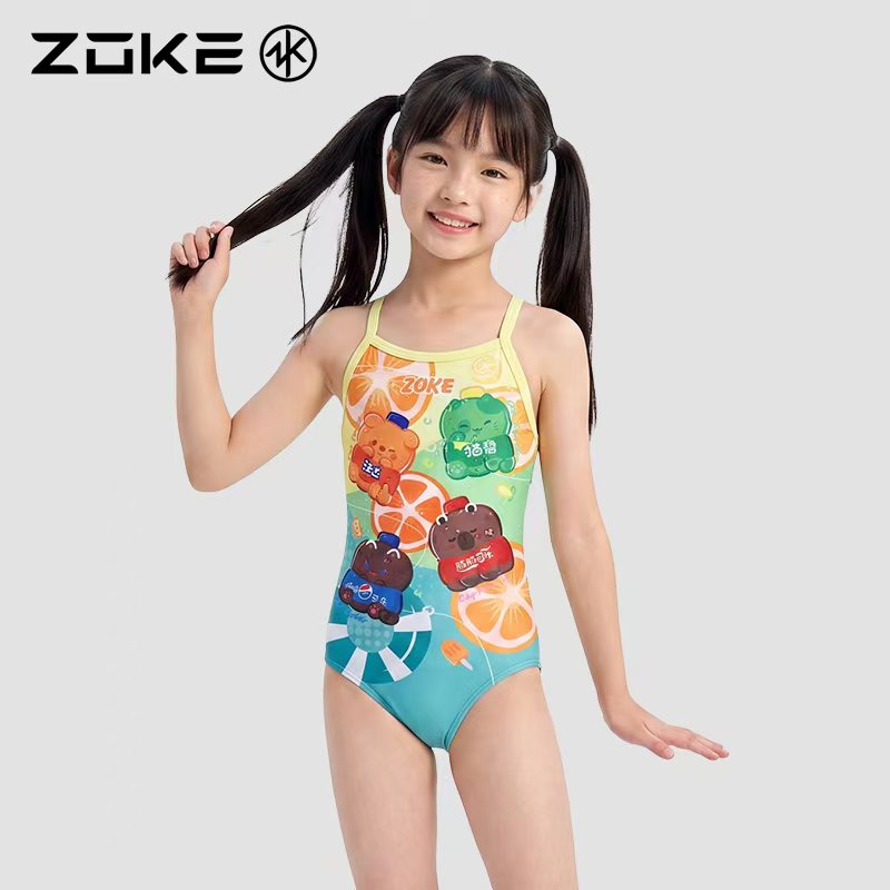 zoke洲克新款连体三角游泳衣女儿童专业训练竞赛速中国风猫狗熊猫