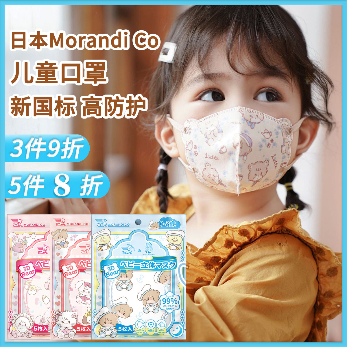 日本Morandico莫兰迪儿童卡通3D立体口罩婴幼儿薄款透气Mikko联名