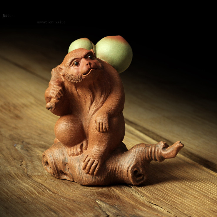 御青堂宜兴紫沙 子夜何伟斌紫砂全手工茶宠雕塑猴子桃子 寿桃祝寿