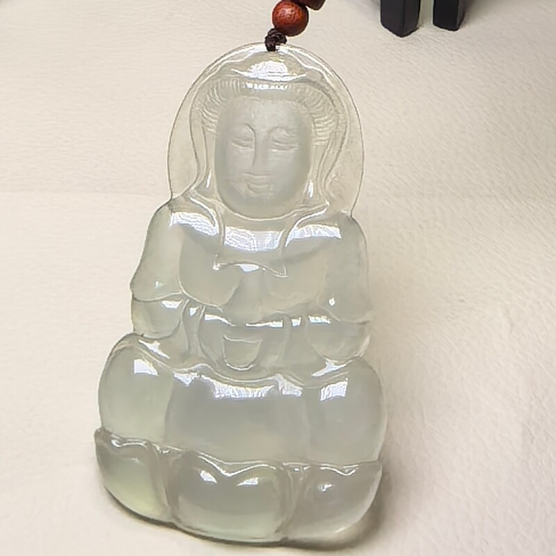 珠宝玉石冰透水润白冰翡翠玉观音赐福观音玉坠光滑细腻挂件吊坠子