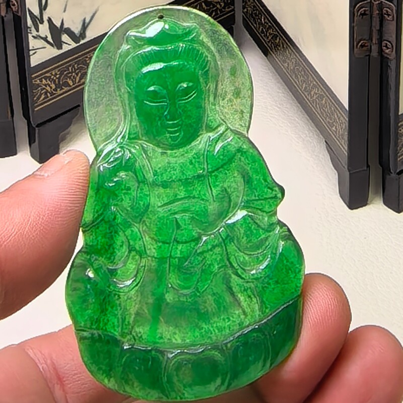 珠宝玉石冰透水润满绿翡翠玉捻指观音玉坠色正光滑细腻挂件吊坠01