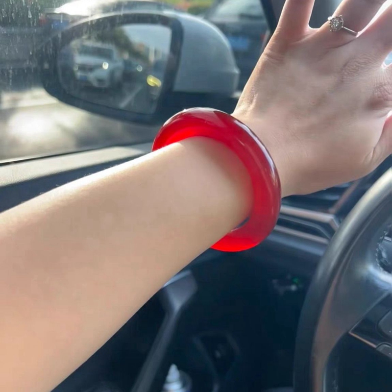 玻璃种翡翠手镯粗条珠宝玉石优选圆条帝王红中国红鸡血红玉镯福镯