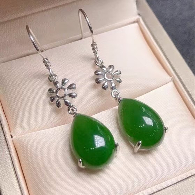 天然珠宝玉石新疆和田玉碧玉坠耳钉耳针耳饰满绿色精选925银镶嵌