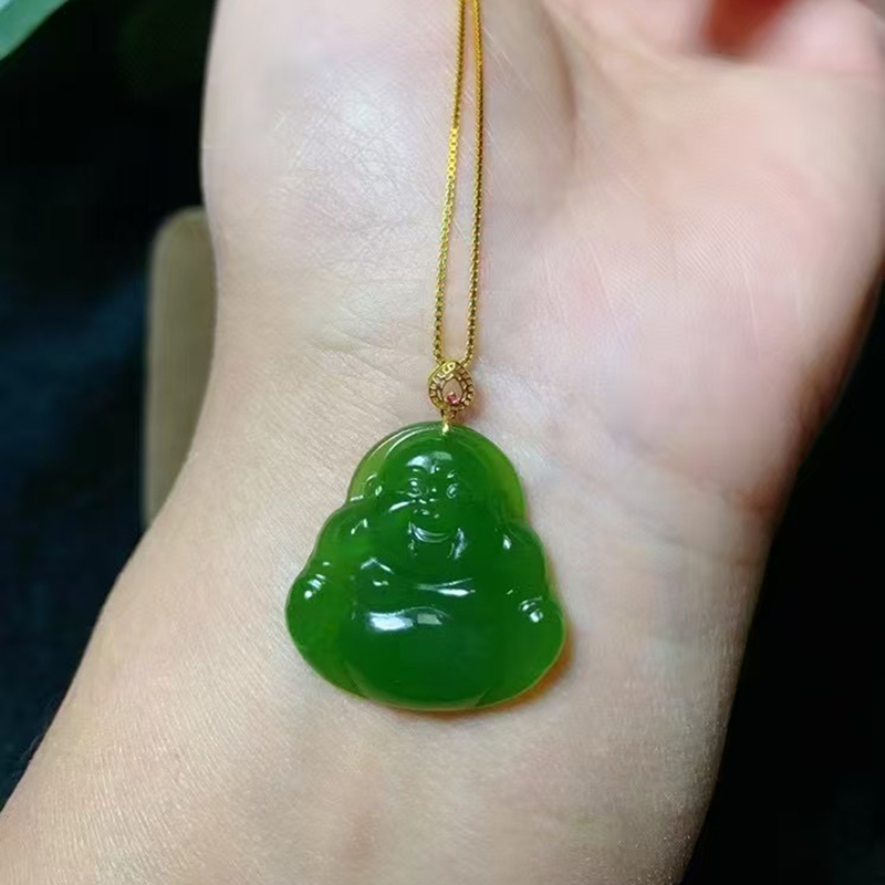 天然珠宝玉石新疆和田玉碧玉吊坠弥勒佛公挂件玉坠子转运平安吉祥