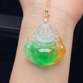 玻璃种御用阳绿黄翡翠福禄寿三彩珠宝玉石弥勒佛笑佛吊坠玉坠挂件