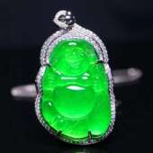 玻璃种满绿辣绿阳绿帝王绿精工镶嵌弥勒佛布袋佛吊坠玉坠挂件玉佛