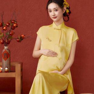 新款 旗袍女黄色立领盘扣改良连衣裙复古优雅敬酒服写真摄影服 中式