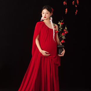 孕妇红色单肩长裙影楼服装 高端气质中国风敬酒服连衣裙写真服 新款
