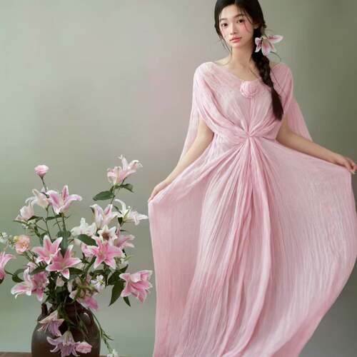 影楼粉色压褶温柔仙女连衣裙
