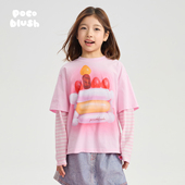pocoblush 条纹上衣 晕染长袖 气球蛋糕 假两件印花T恤女童春夏款