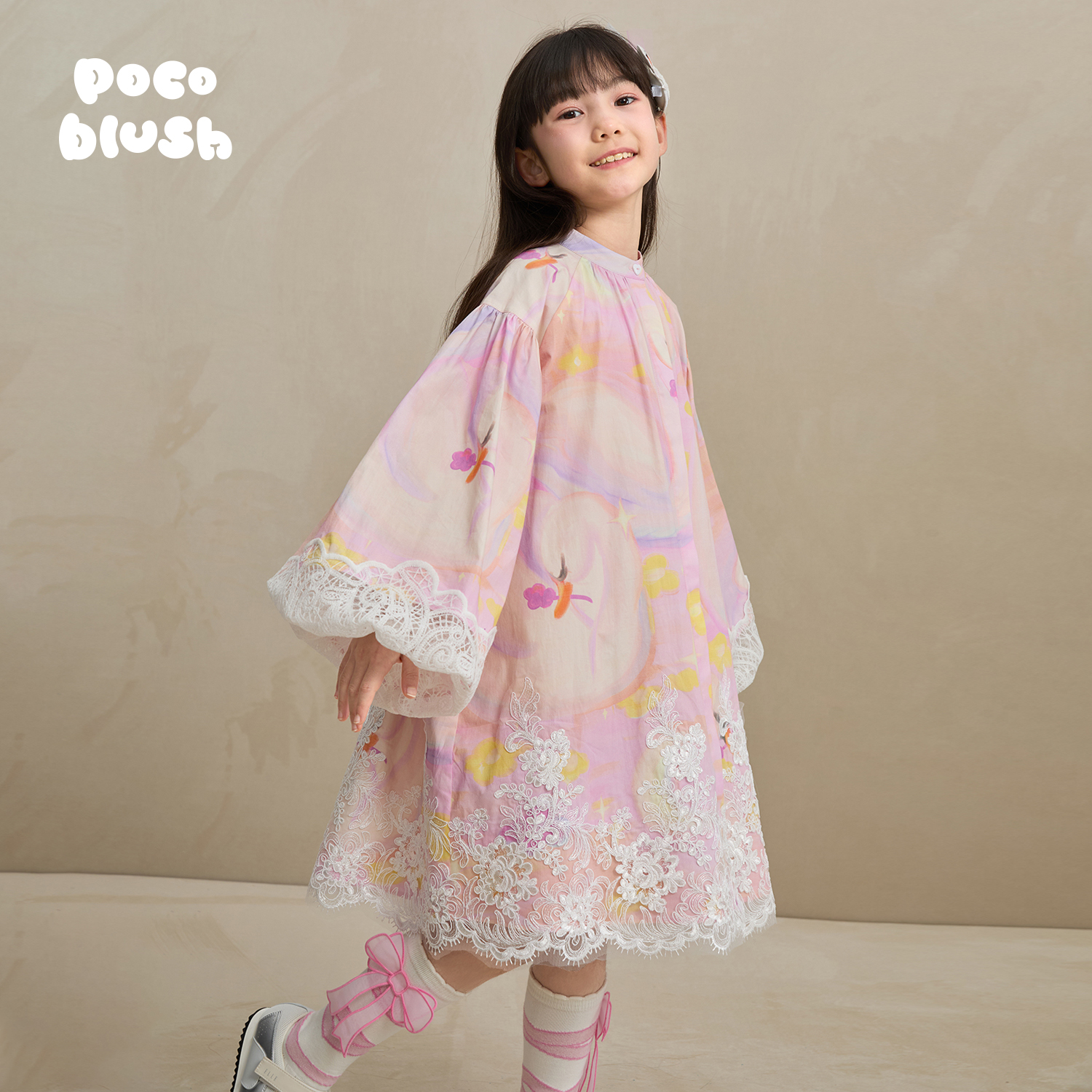 天鹅梦印花蕾丝衬衫女童春夏薄款