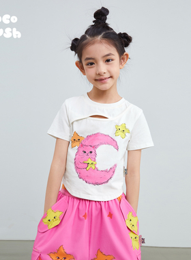 pocoblush原创设计星月猫咪T恤女童夏季新款上衣白色印花纯棉短袖