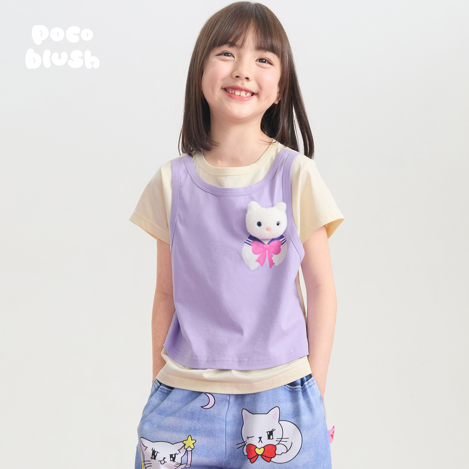 pocoblush【美猫战士】假两件公仔T恤女童夏季7A抗菌立体玩偶短袖