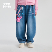 pocoblush 2026秋冬女童卡通印花长裤 气球粉兔 柔软丹宁休闲裤