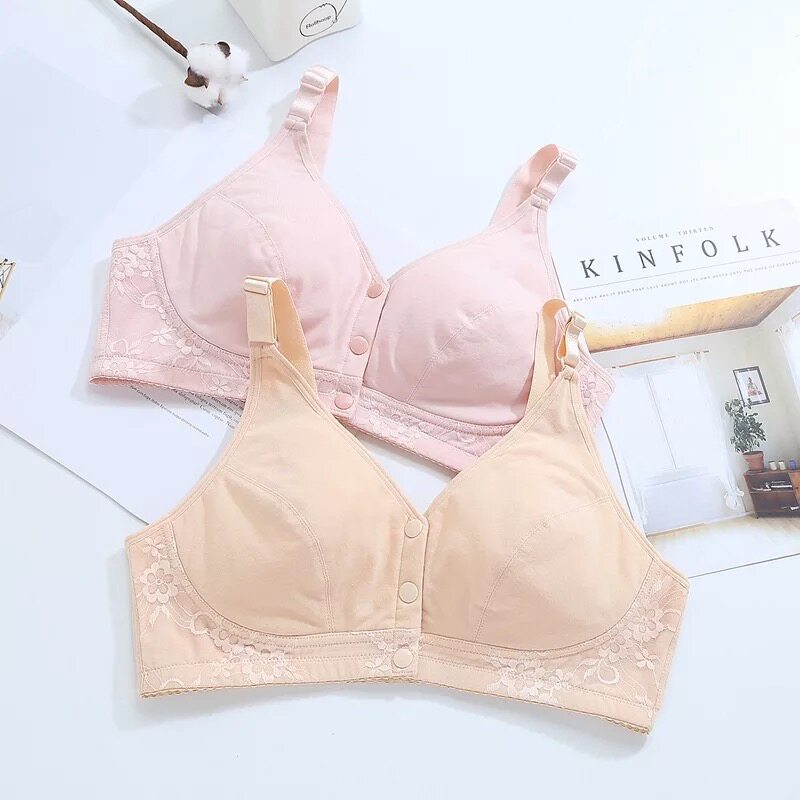 中老年文胸纯棉前扣肩带可调节运动内衣无钢圈无海绵薄款妈妈胸罩