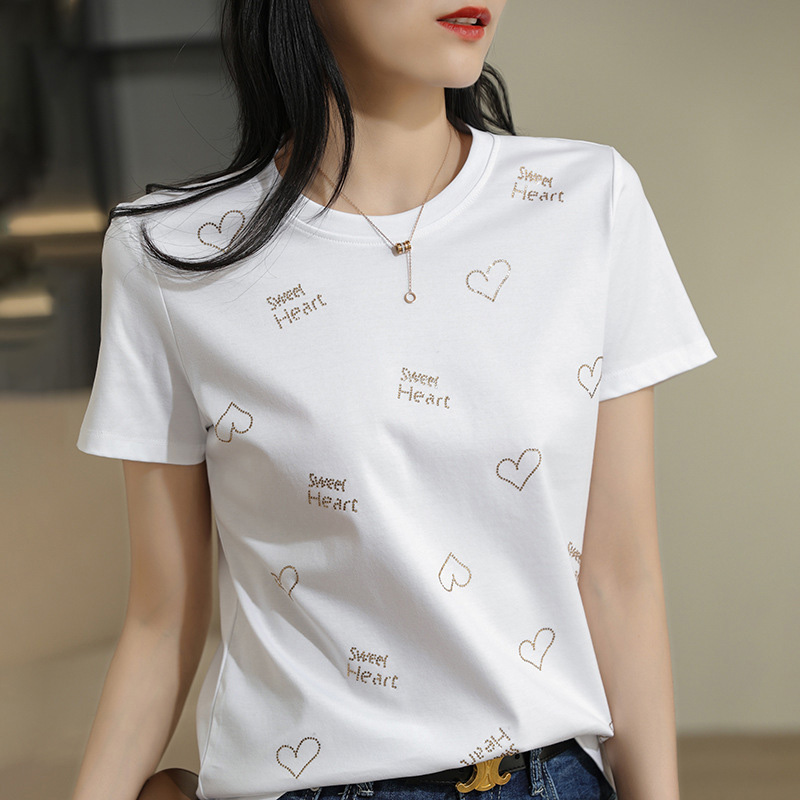 千日红店女装2025夏季新款80支丝光棉圆领短袖t恤女烫钻爱心图