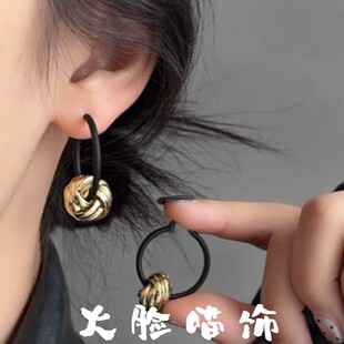 925银针黑金撞色两戴球球耳环复古港风气质轻奢高级感冷淡风耳饰