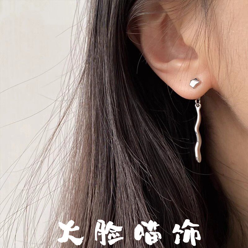 925银针液态一字长款波浪耳环女时尚个性设计感高级后挂式耳饰品