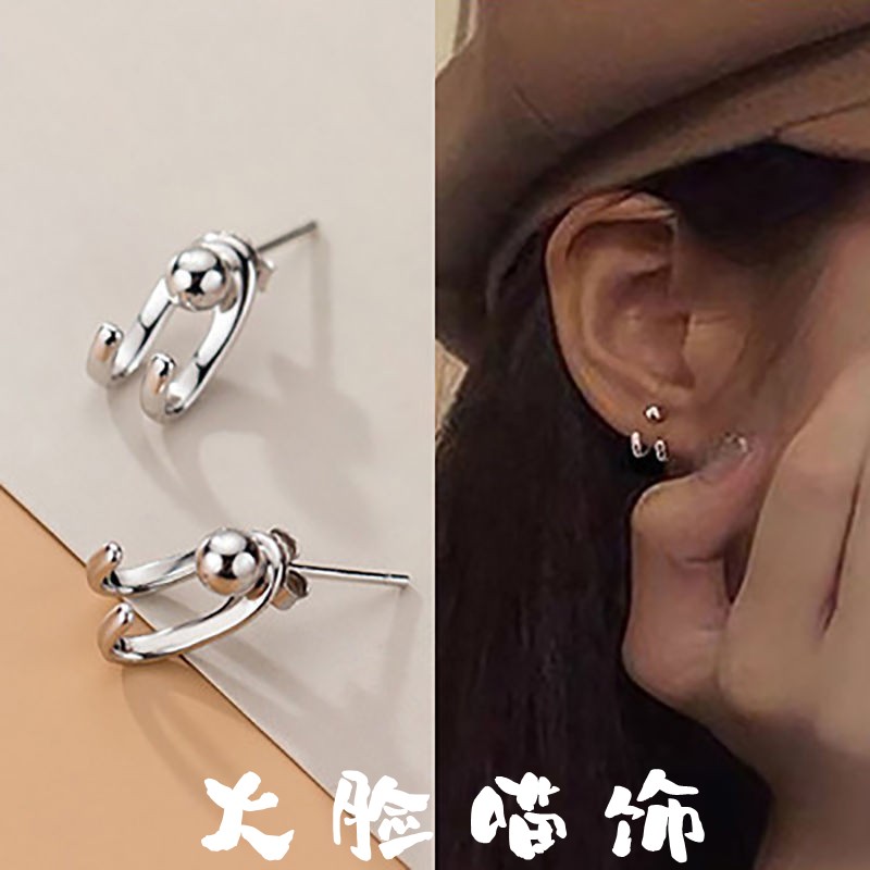 925银针耳钉女日韩时尚双线光珠耳环个性后挂式C形网红港风耳饰潮