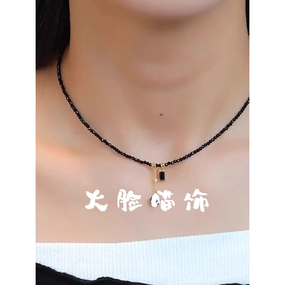 复古黑色水晶项链女高级感小众设项链