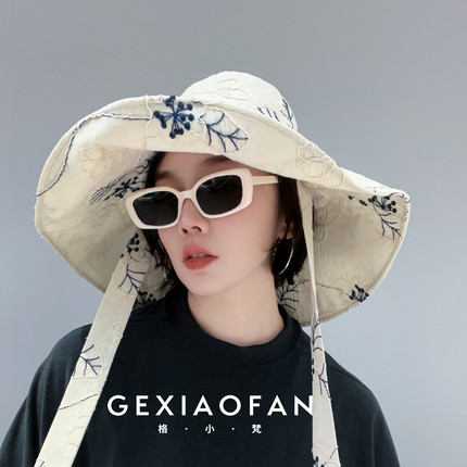 格小梵·正品春夏刺绣青花渔夫帽大帽檐遮阳帽防晒帽女棉麻出游
