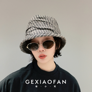 格小梵·春季亚麻条纹渔夫帽防晒帽女大头围帽子高级感街头画家帽