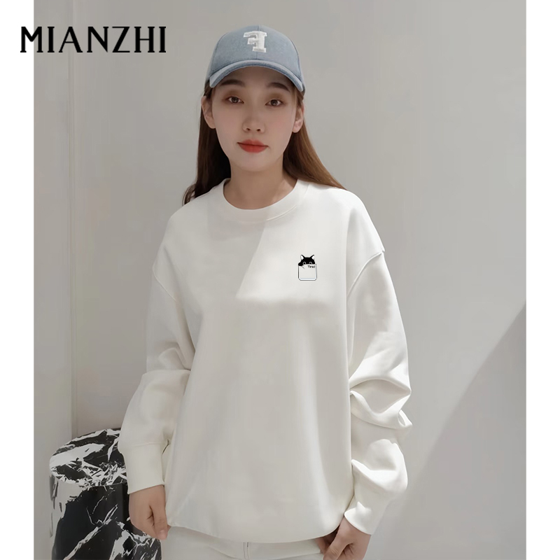 棉致加绒圆领卫衣男春秋季宽松无帽上衣男士百搭卡通印花