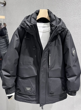 男士半长款连帽羽绒服2025冬季新款青年流行90白鸭绒保暖中长外套