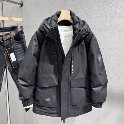 男士半长款连帽羽绒服2025冬季新款青年流行90白鸭绒保暖中长外套