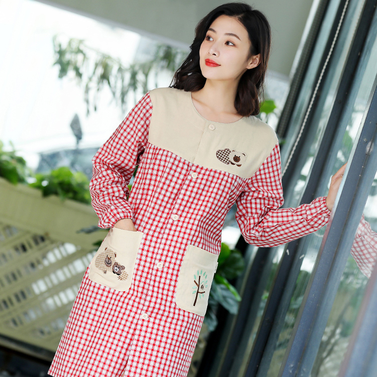 家用厨房前开式棉布围裙有袖罩衣