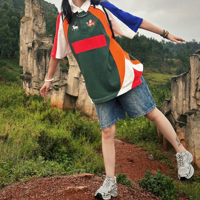 美潮SS24 RUGBY 撞色logo卡通刺绣Polo领短袖美式潮流Polo衫T恤