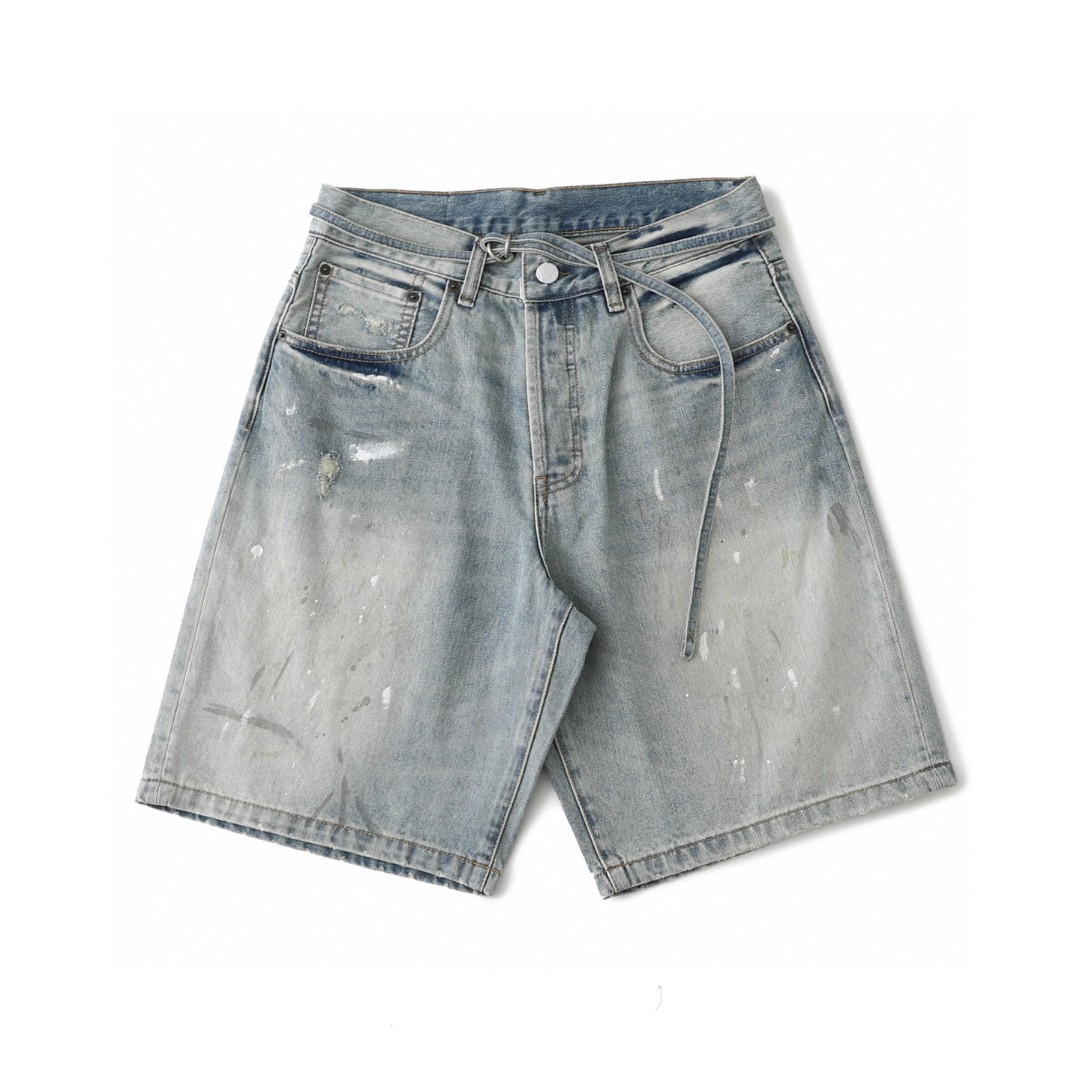 原创AC百搭做旧工艺 白泼墨脏脏Vintage牛仔休闲短裤五分裤