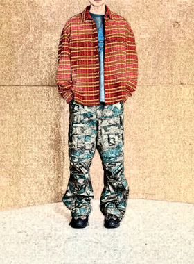 原创红黄格WASHED FLANNEL SHIRTS 喷墨水洗做旧格子长袖衬衫