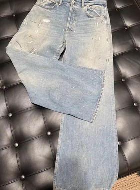 原创浅蓝色A字版型AC白泼墨2021M版型Vintage牛仔休闲裤