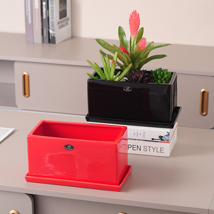 长方形花盆陶瓷带托盘家用大号北欧现代简约盆栽绿萝多肉植物花盆