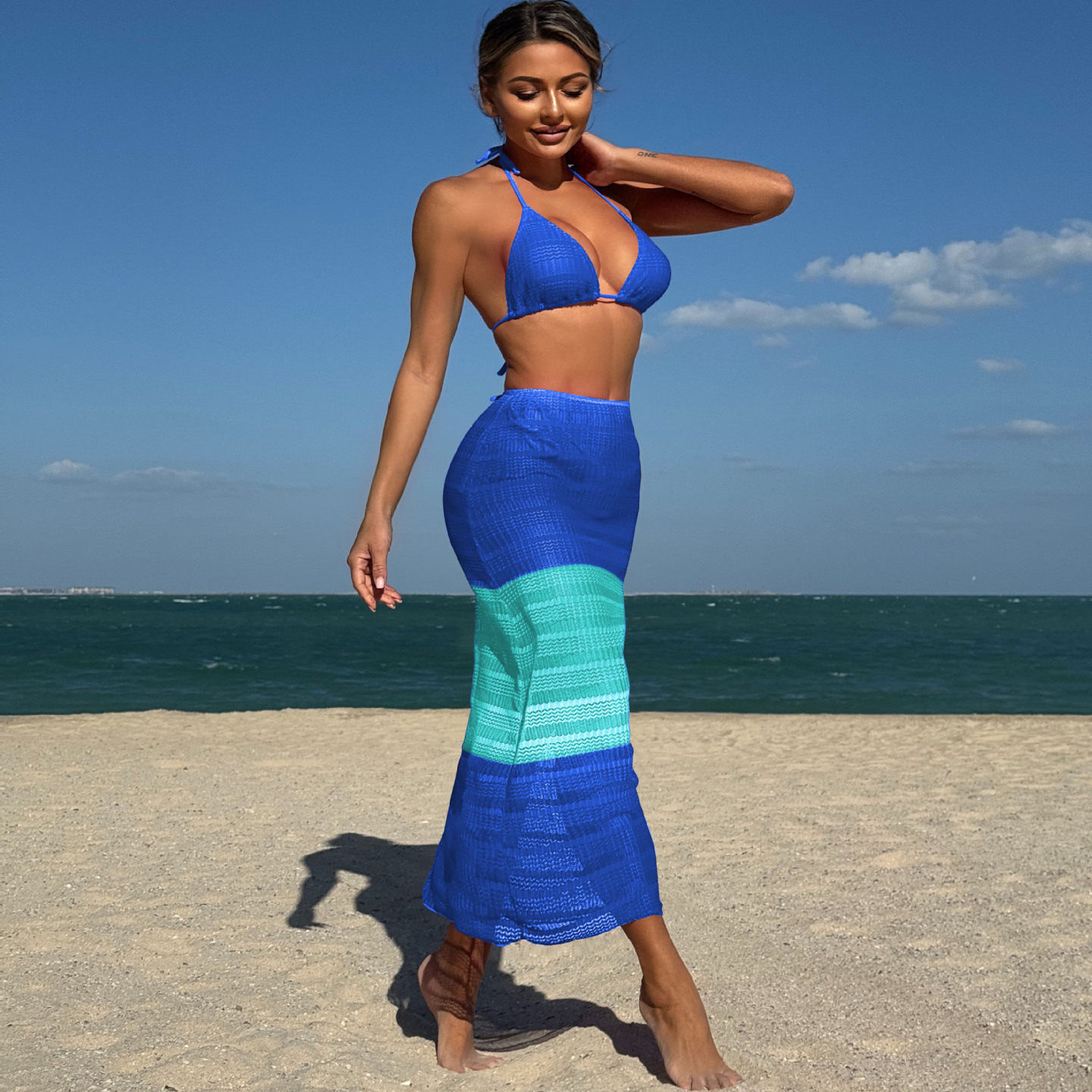 渐变网纱比基尼三件套泳衣三角杯包臀长裙游泳衣女泳装bikini122