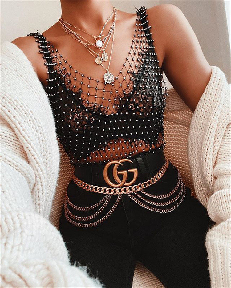 夜店网格闪钻性感文胸圆领上衣女欧美舞台派对时尚服装搭配上衣1