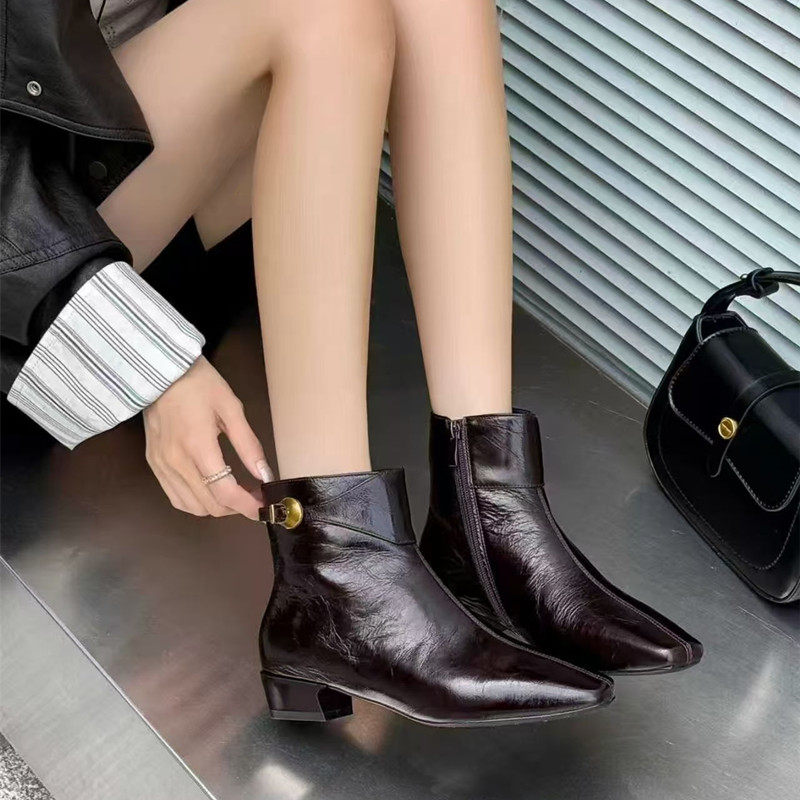 头层牛皮粗跟时装短靴女方头中跟